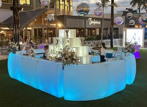 Luxury corporate event furniture rental in Florida featuring modern lounge seating and LED furniture for conferences and brand events