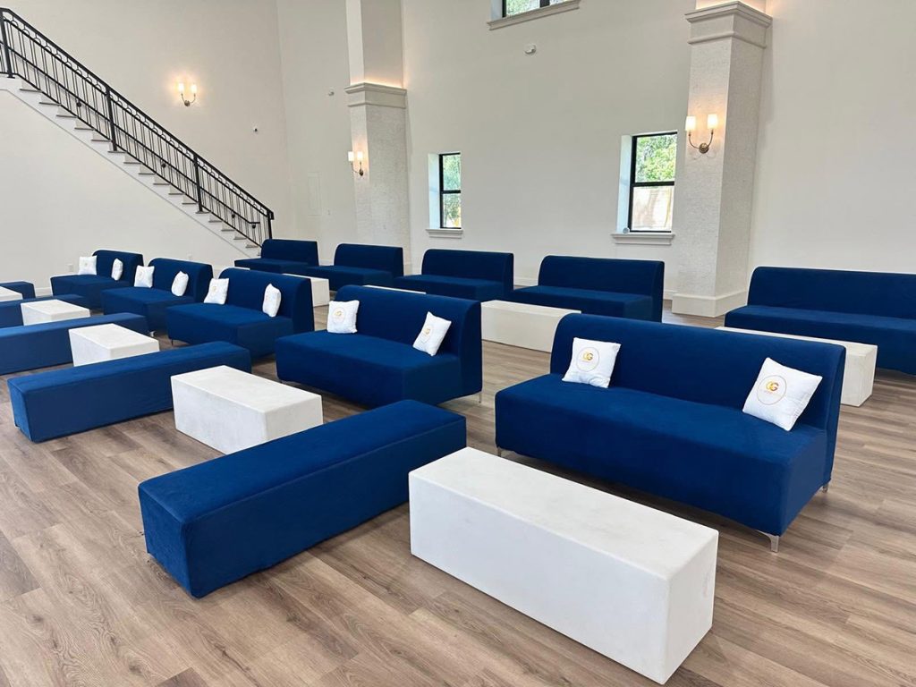 Luxury corporate event furniture rental in Sarasota featuring modern lounge seating and upscale event furniture